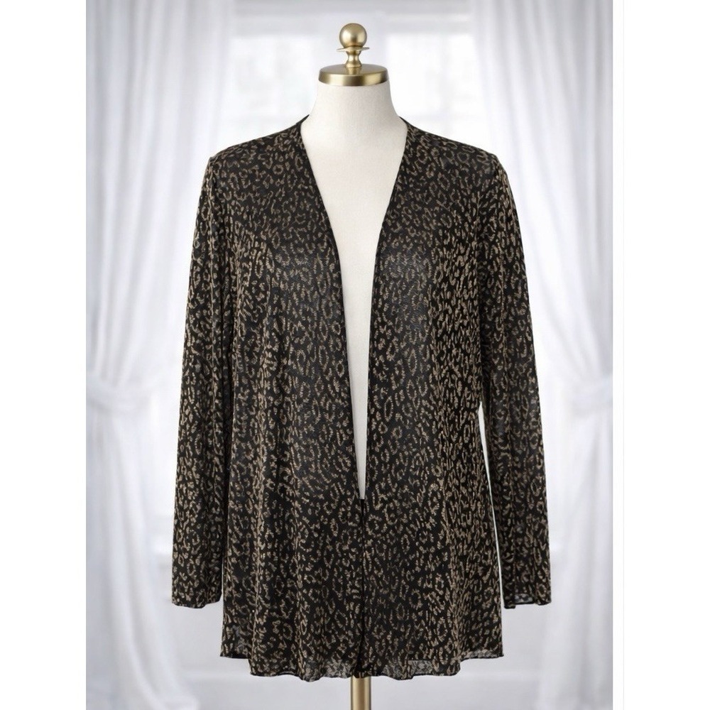New Chico's Cardigan Gold Shimmer Metallic Black‎ Leopard Party Size 1 Medium